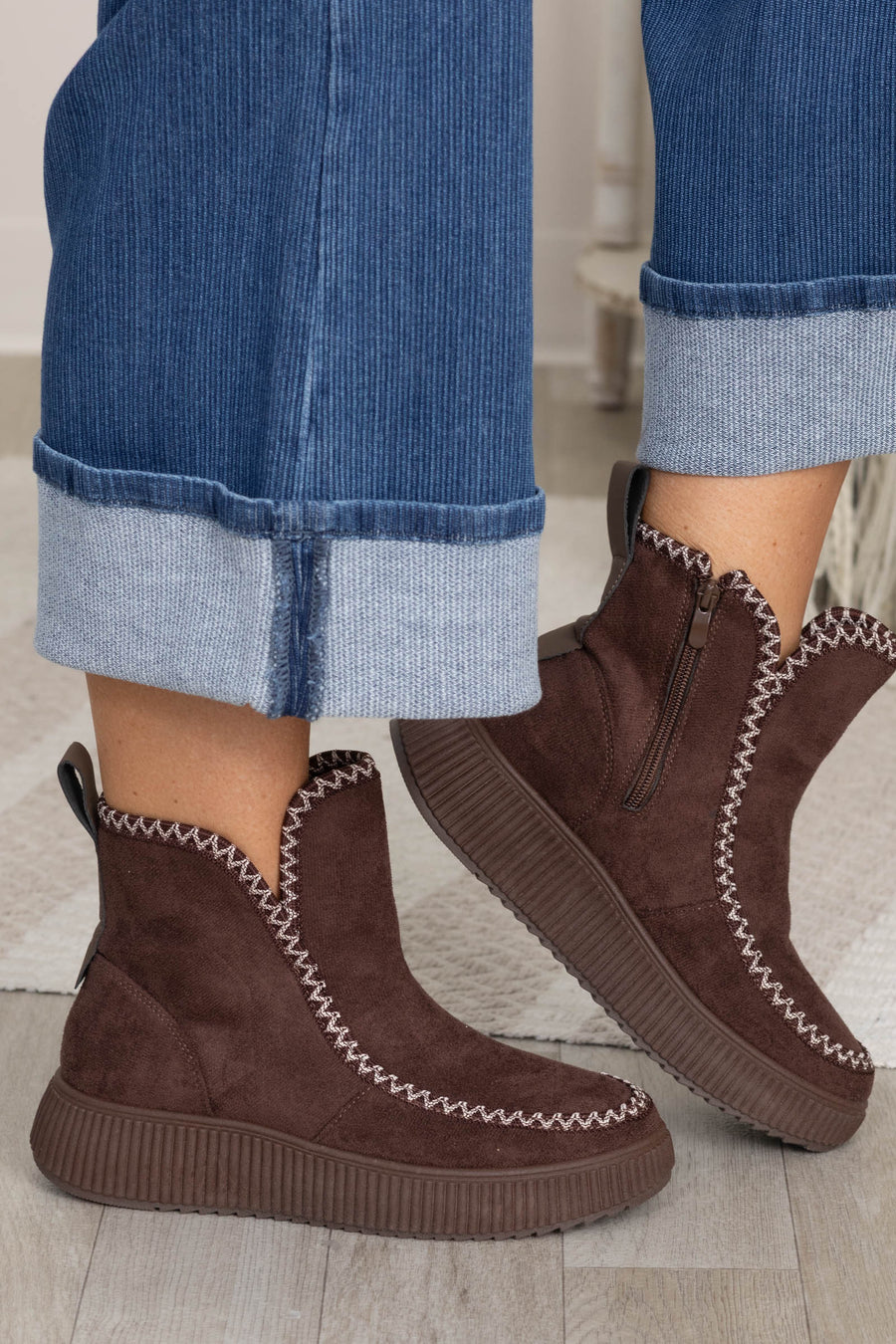 Brown Contrast Stitch Faux Fur Lined Boots