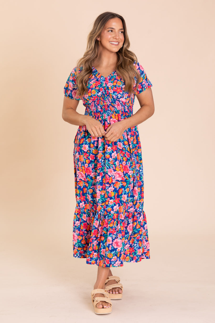 Navy And Wine Floral Smocked Maxi Dress