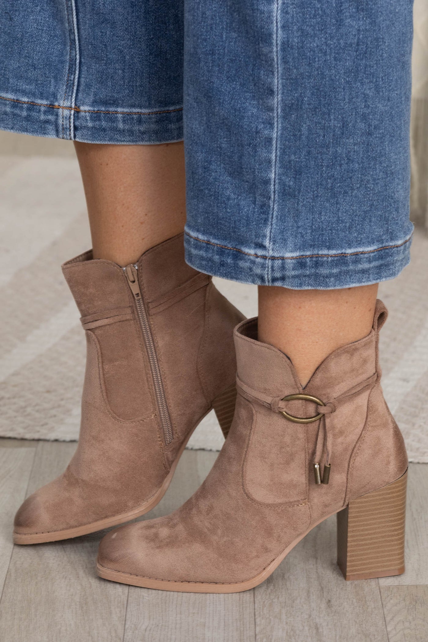 Tan Suede Booties With Tassel Detail