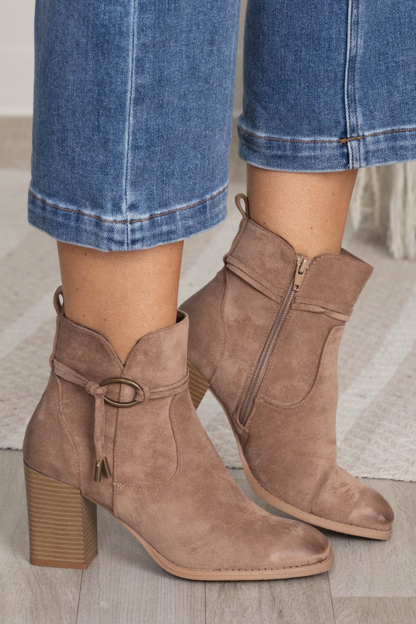 Tan Suede Booties With Tassel Detail