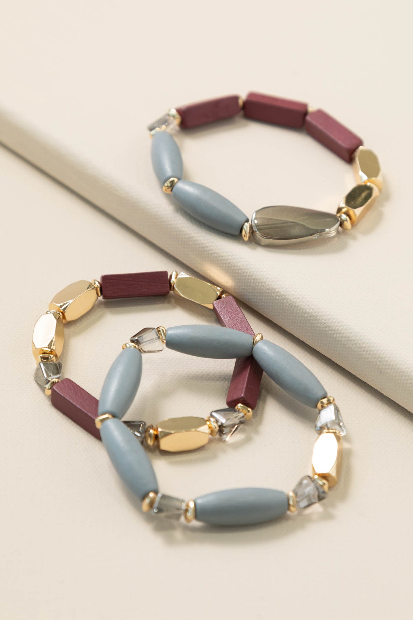 Grey and Burgundy Geo Bead Stretch Bracelet Set