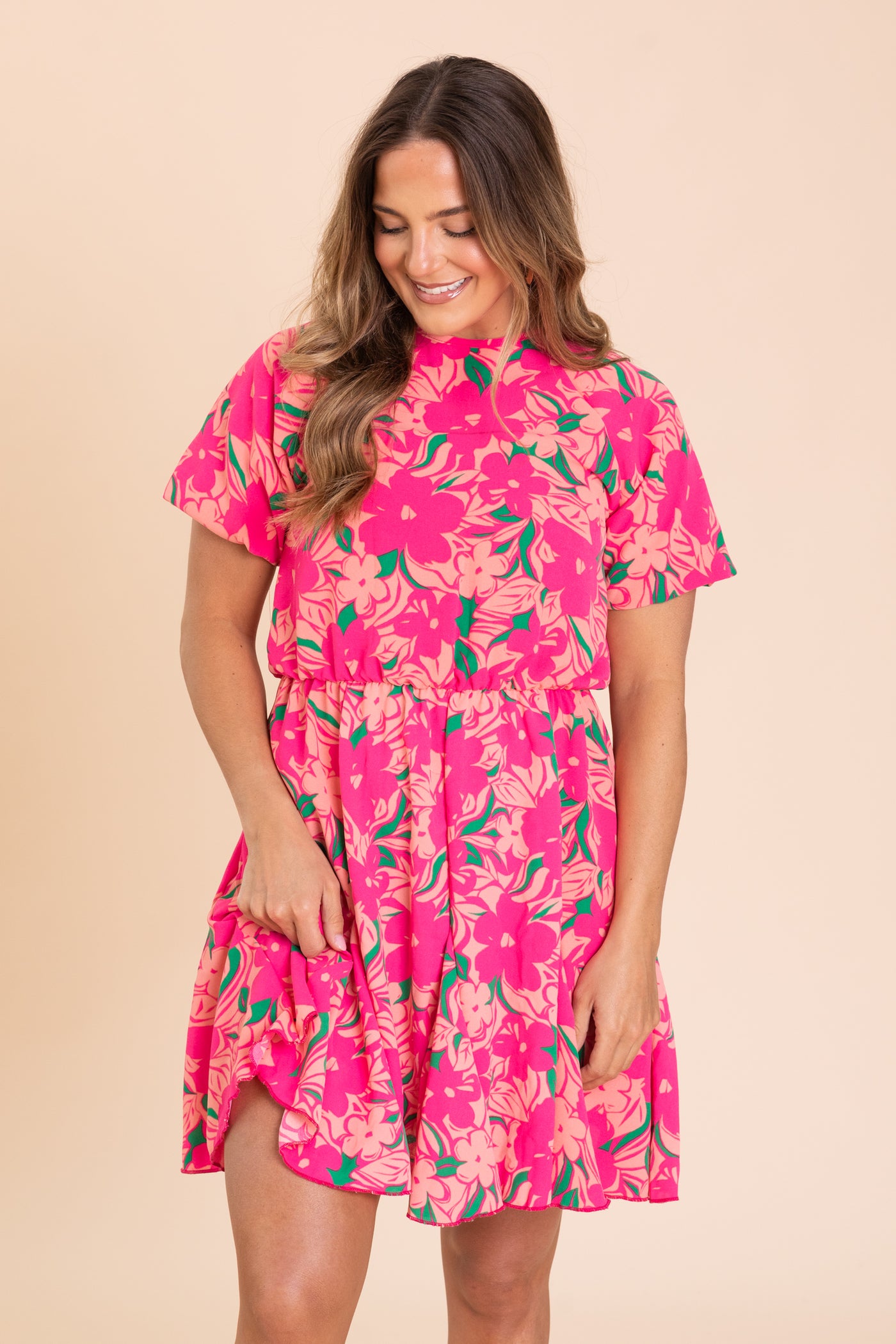 Hot Pink Floral Woven Dress With Elastic Waist Filly Flair Hot Pink Floral Woven Dress With Elastic Waist Filly Flair