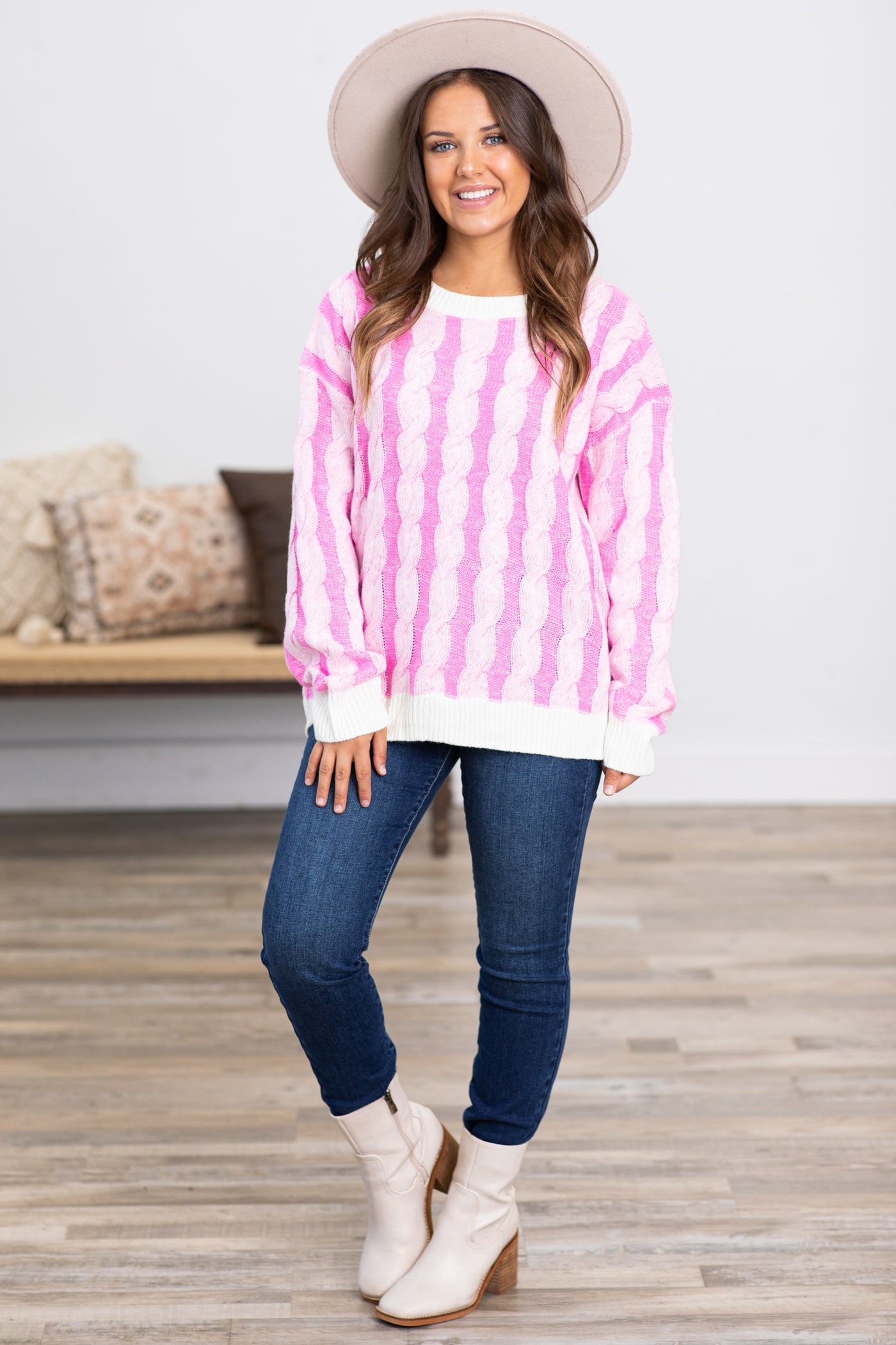 Pink and Ivory Cable Knit Sweater