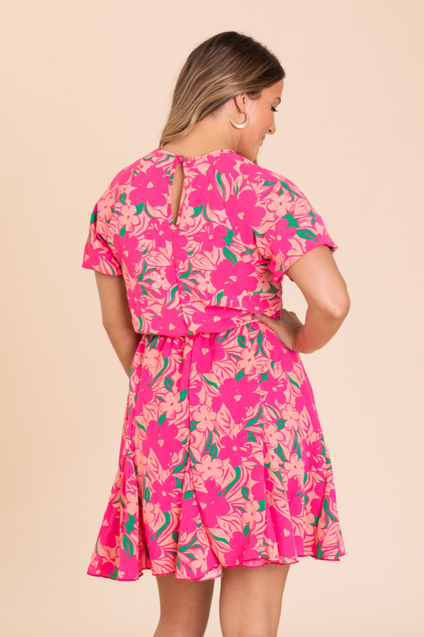Hot Pink Floral Woven Dress With Elastic Waist Filly Flair Hot Pink Floral Woven Dress With Elastic Waist Filly Flair