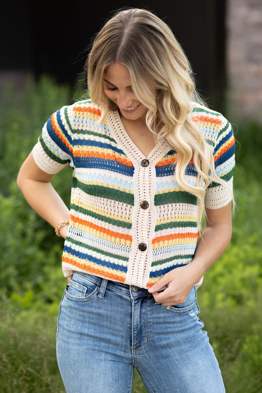 Navy Multicolor Button Up Crochet Top