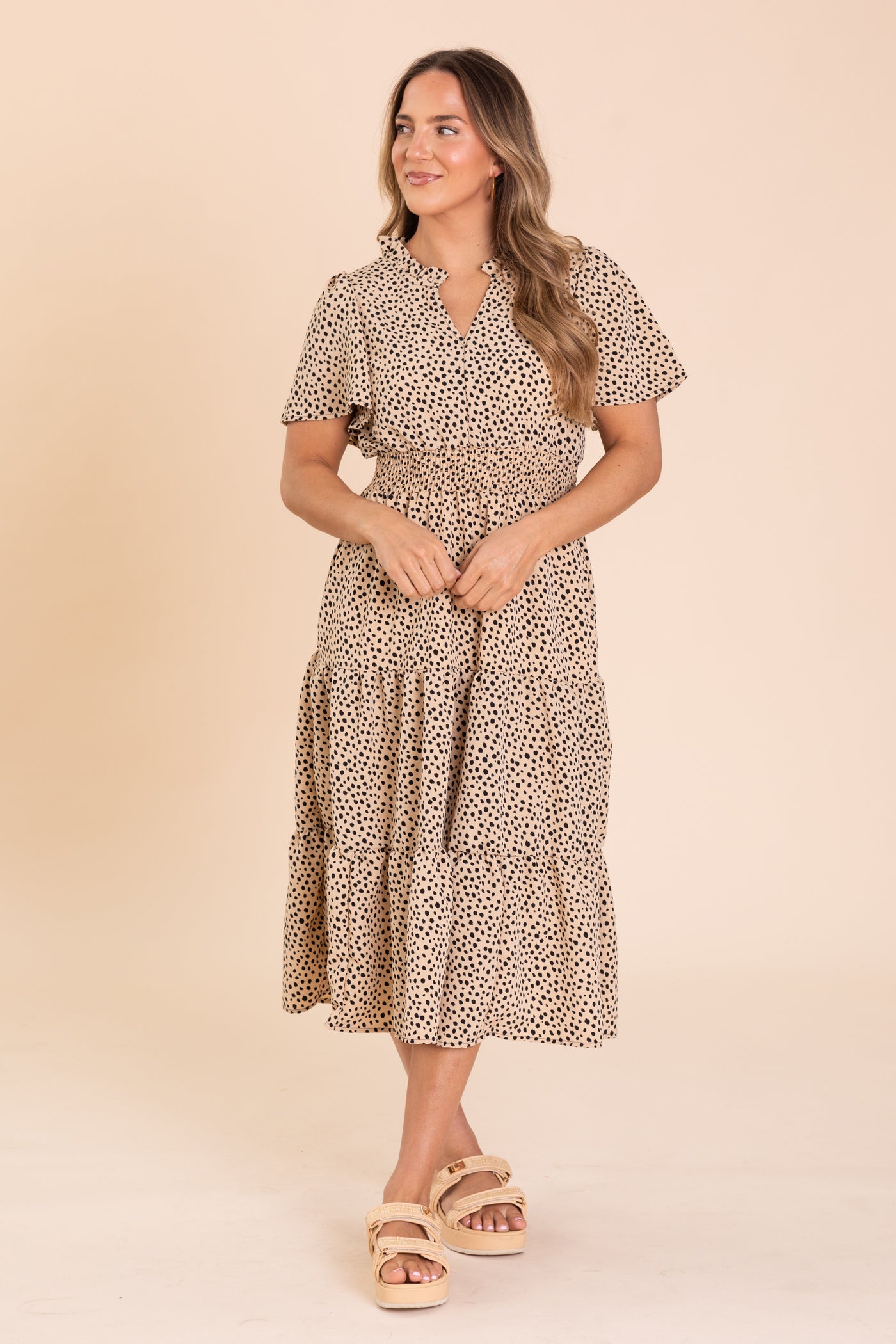 Tan Fit And Flare Smocked Spring Midi Dress Filly Flair Tan Fit And Flare Smocked Spring Midi Dress Filly Flair