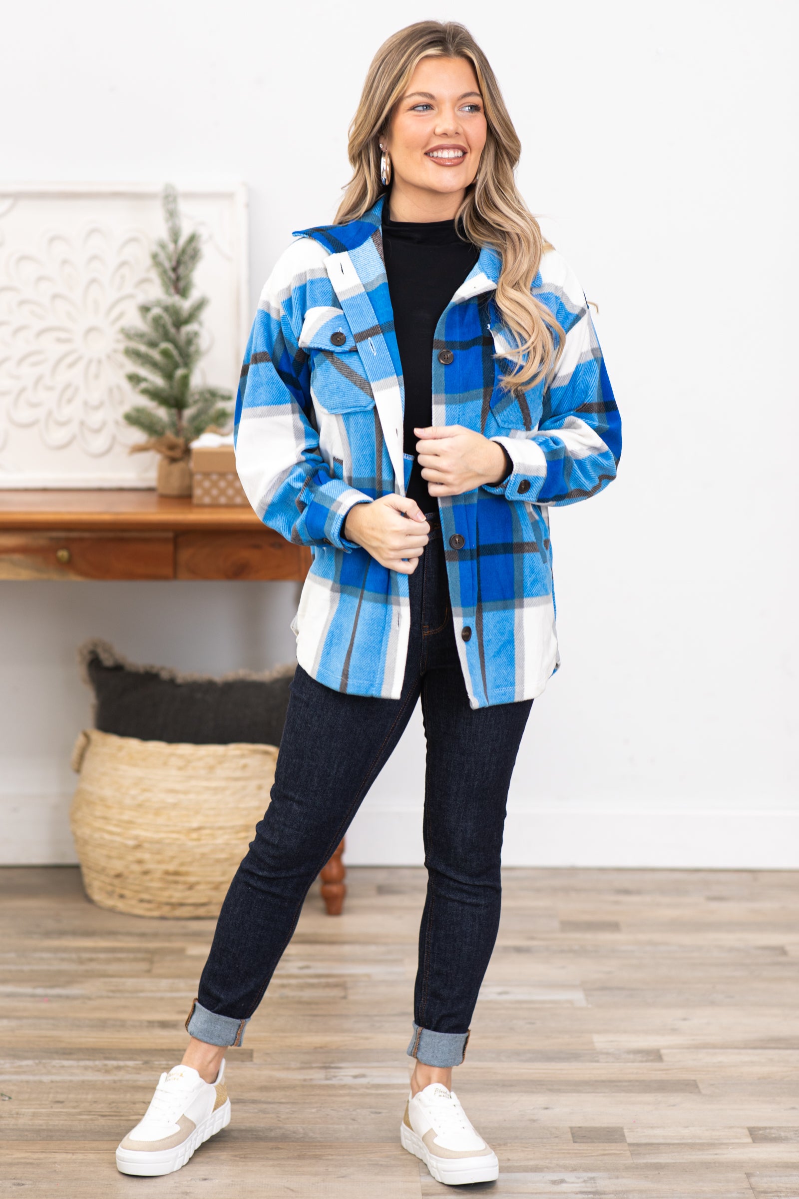 Bright Blue and Off White Plaid Shacket