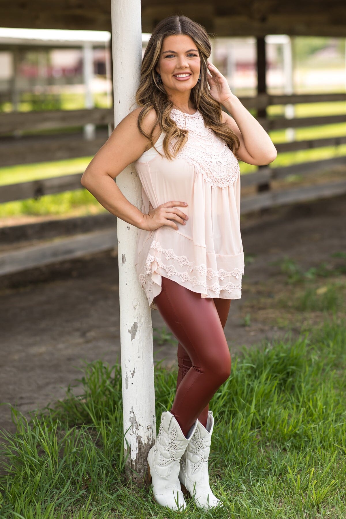 Peach Lace Trim Button Back Tank - Filly Flair