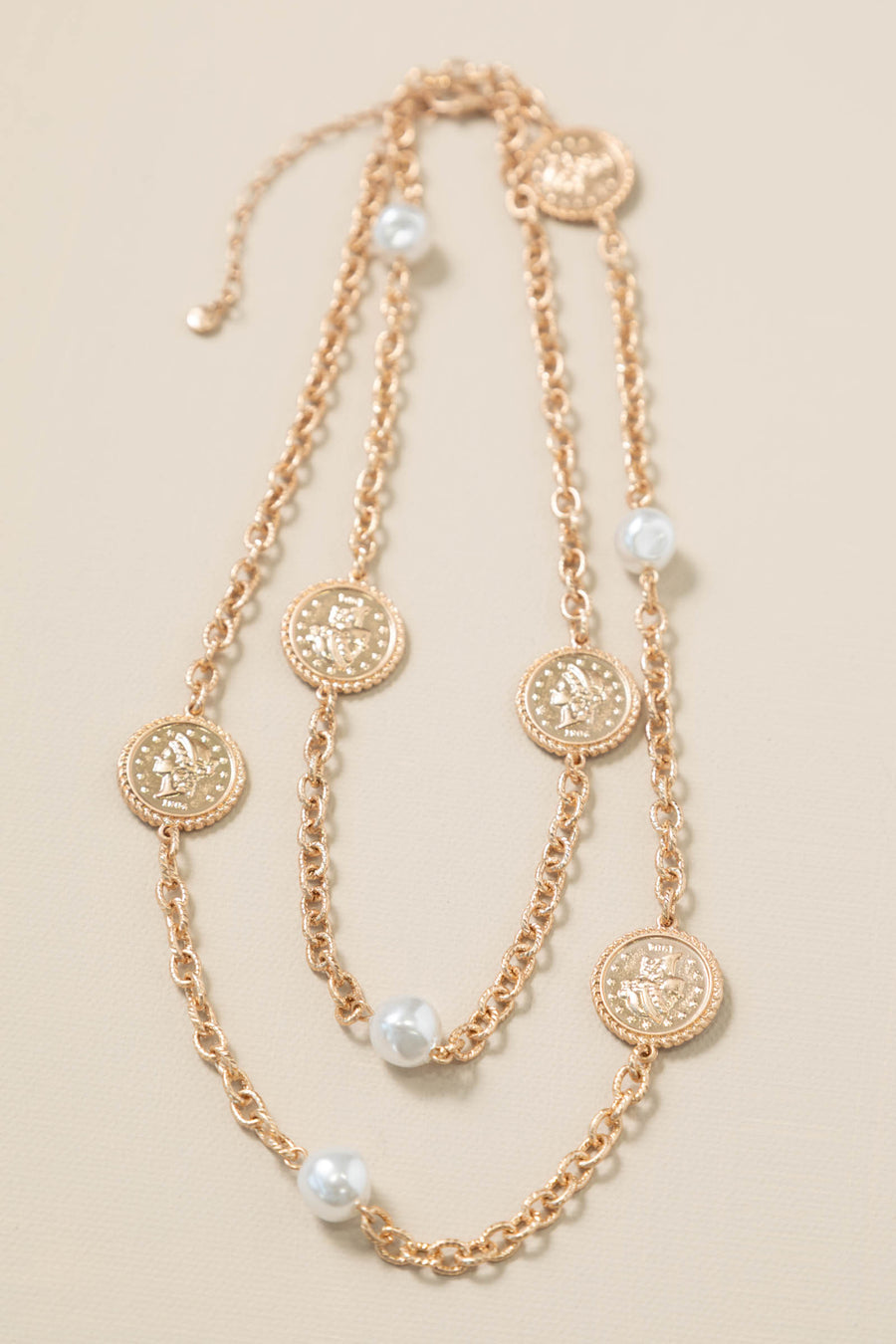 Gold Medallion Pearl Bead Necklace