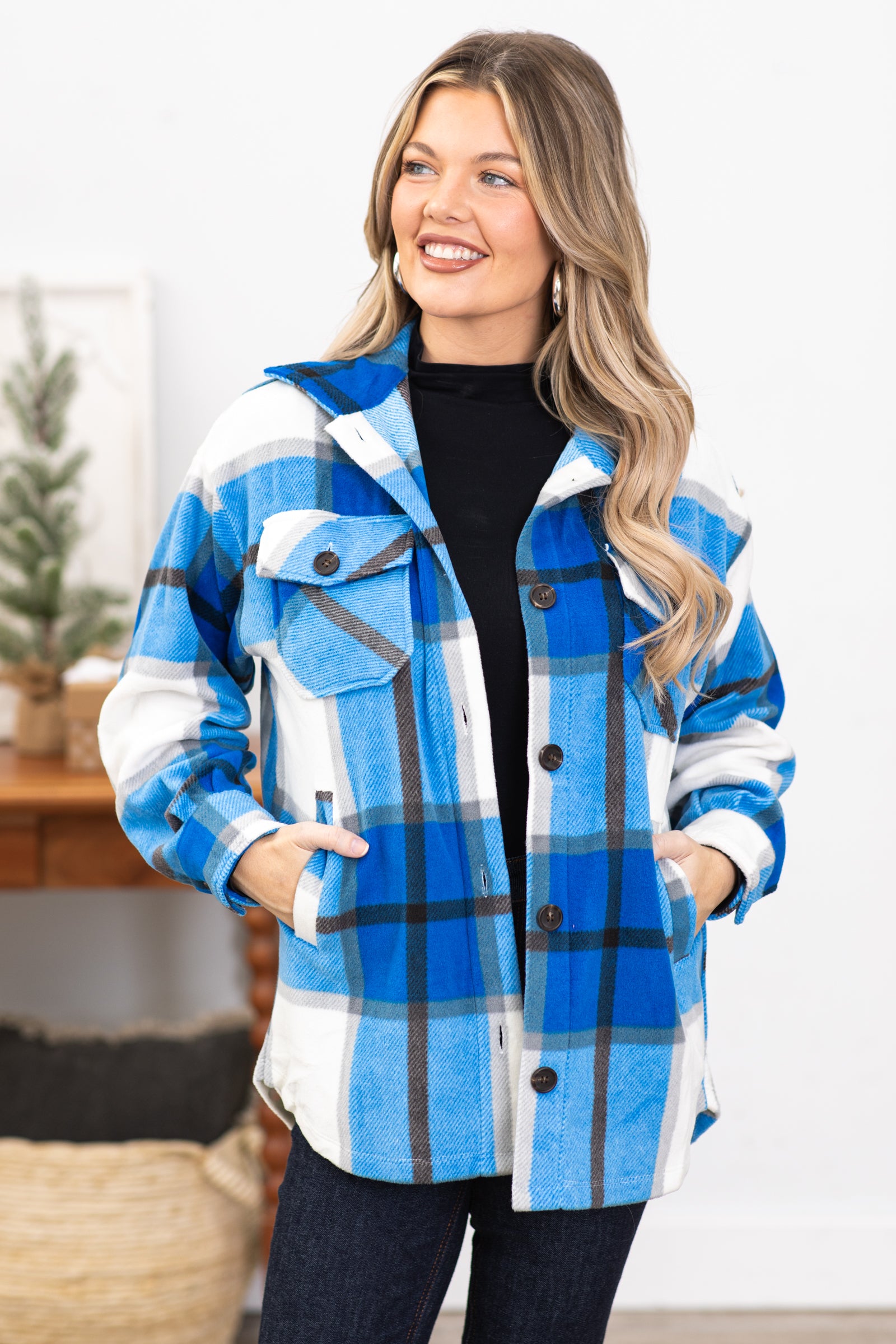 Bright Blue and Off White Plaid Shacket