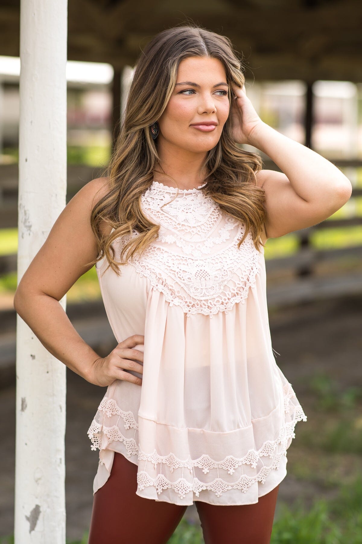 Peach Lace Trim Button Back Tank · Filly Flair - Main Image