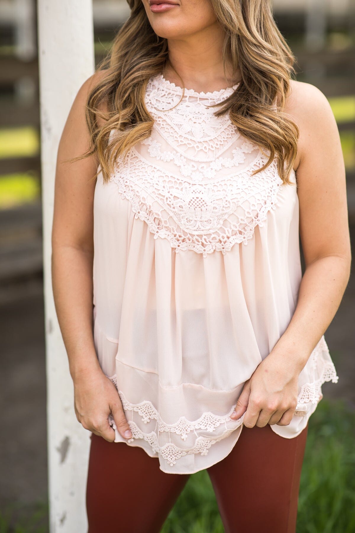 Peach Lace Trim Button Back Tank - Filly Flair