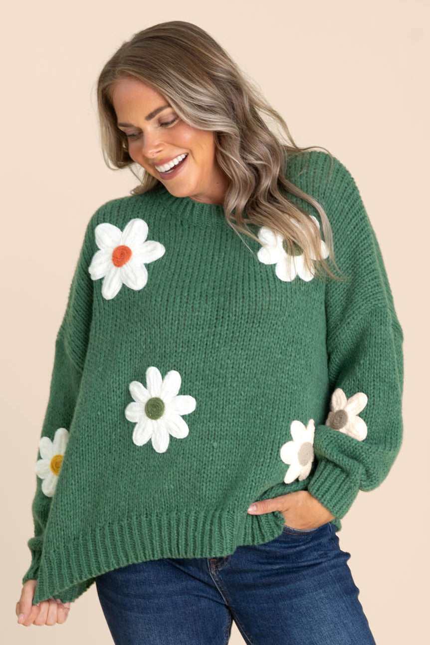 Hunter Green With Crochet Flowers Sweater