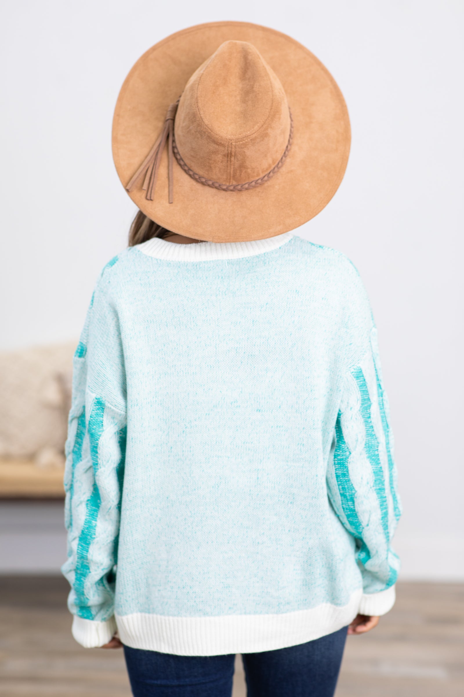 Turquoise and Ivory Cable Knit Sweater