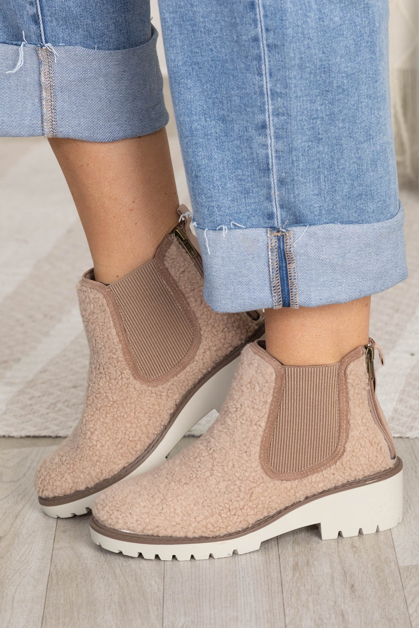 Suede Round Toe Zip Up Booties