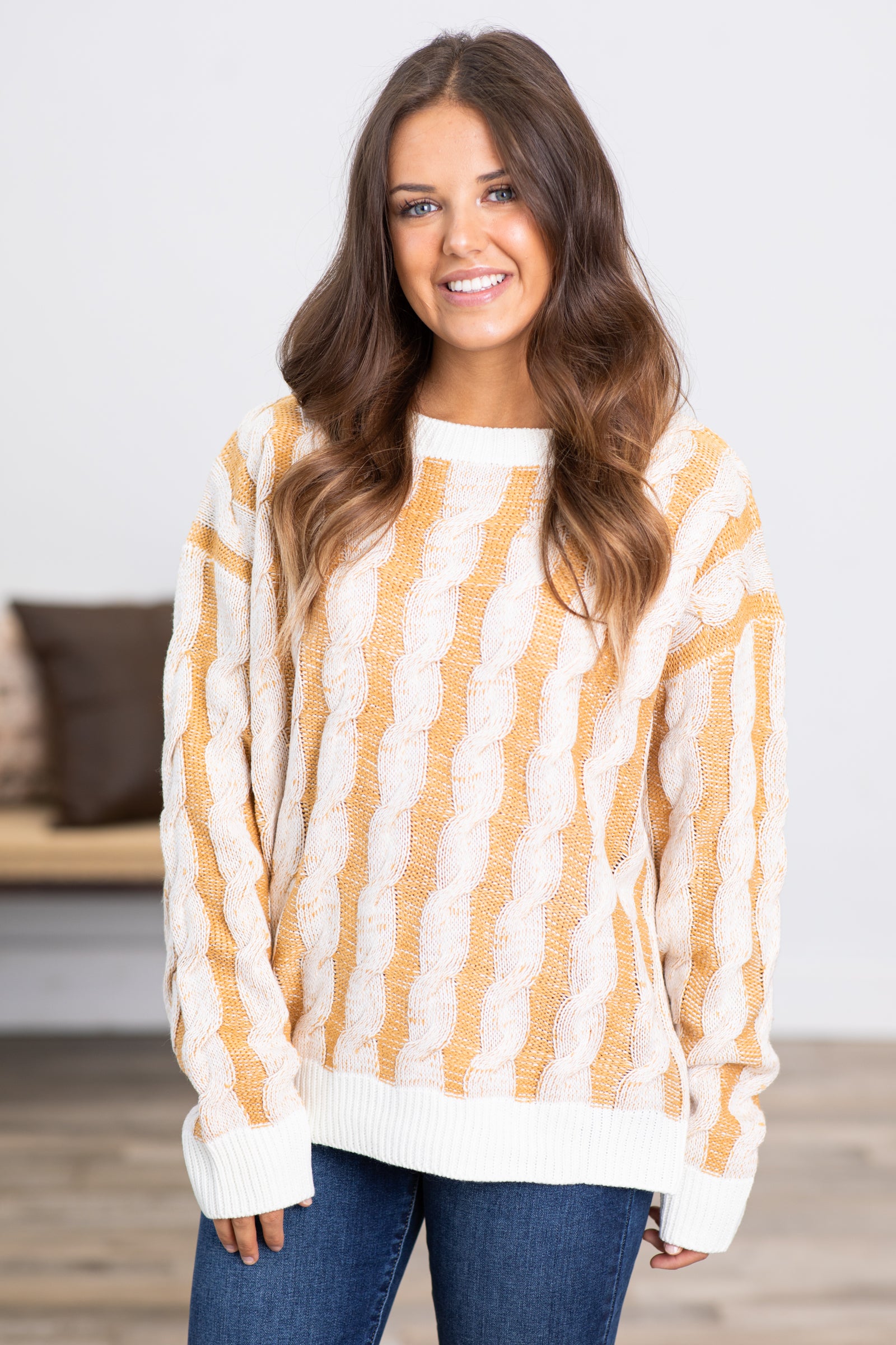 Mustard and Ivory Cable Knit Sweater