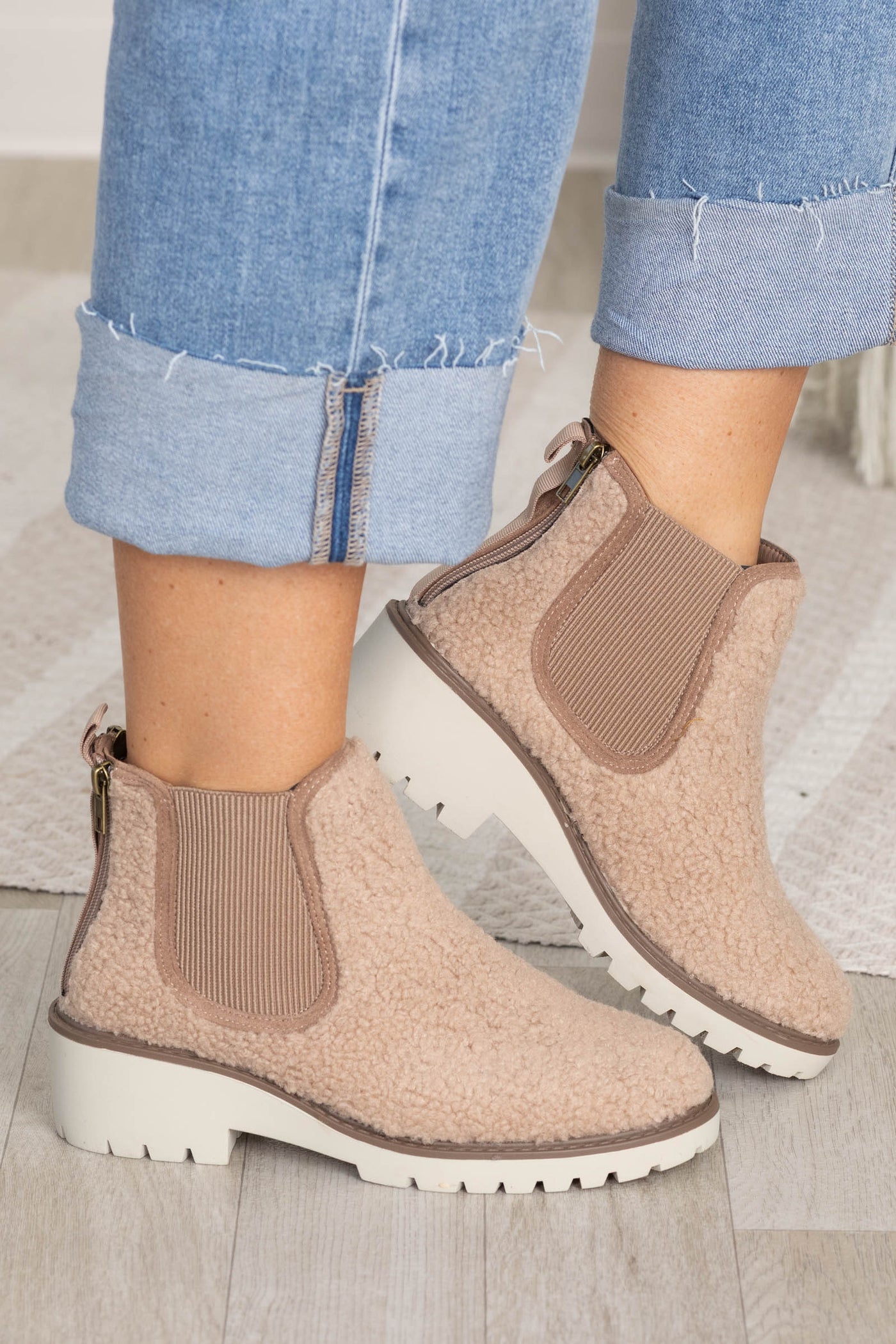Suede Round Toe Zip Up Booties