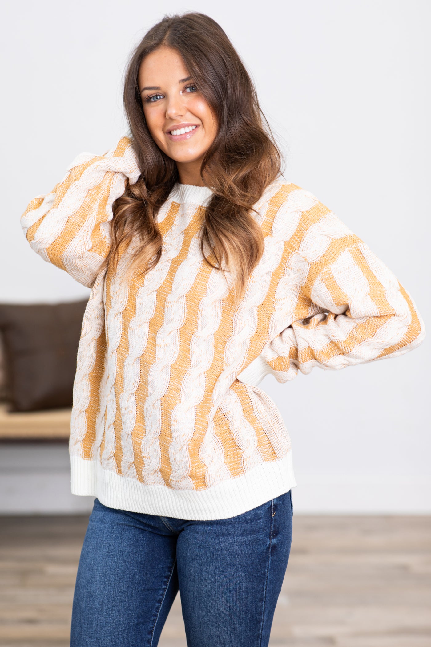 Mustard and Ivory Cable Knit Sweater