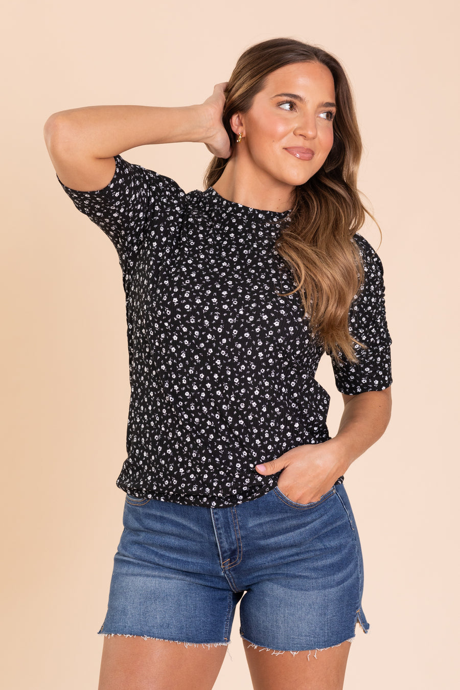 Black Ditsy Knit Top With Shirring Detail