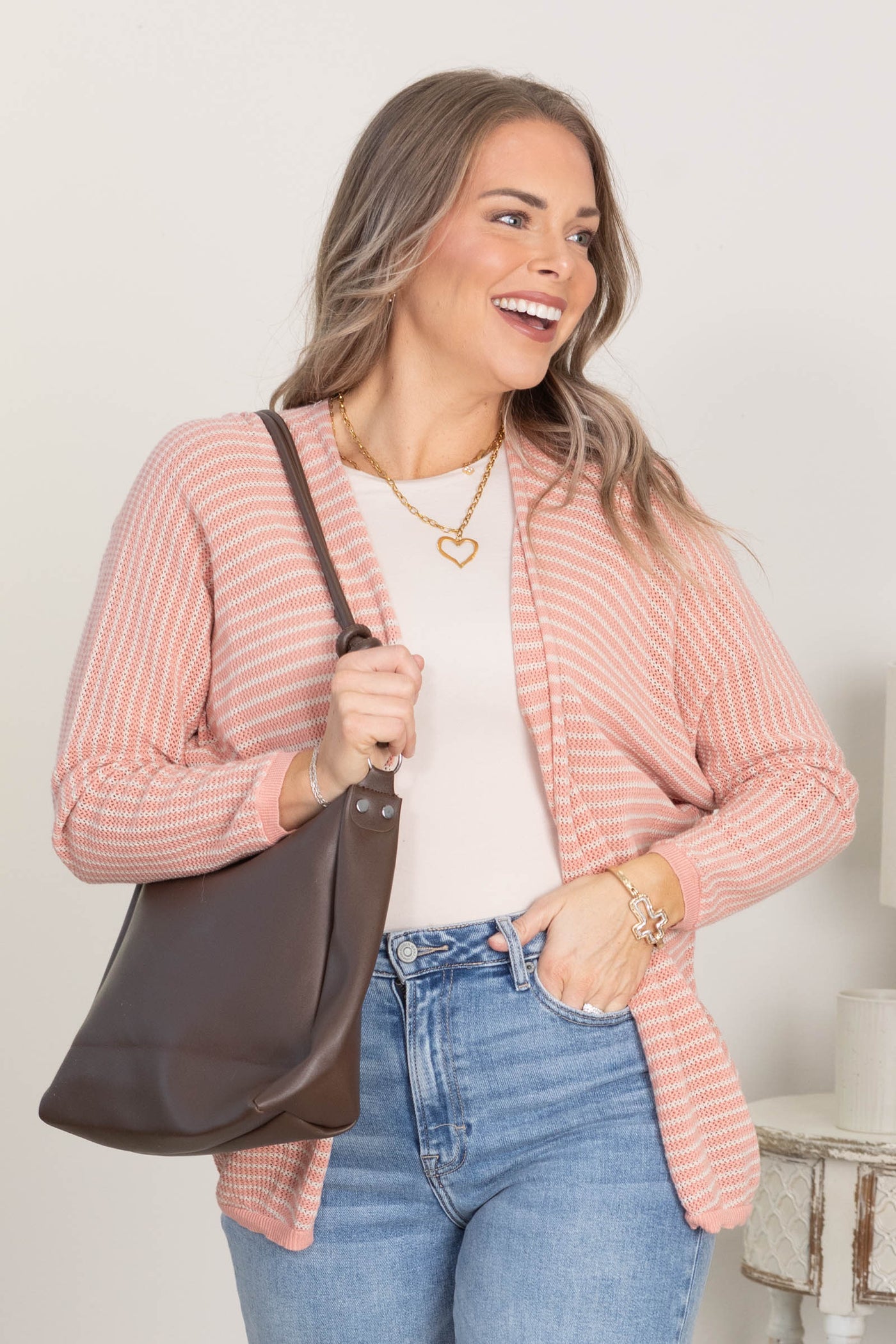 Coral Striped Dolman Sleeve Open Cardigan