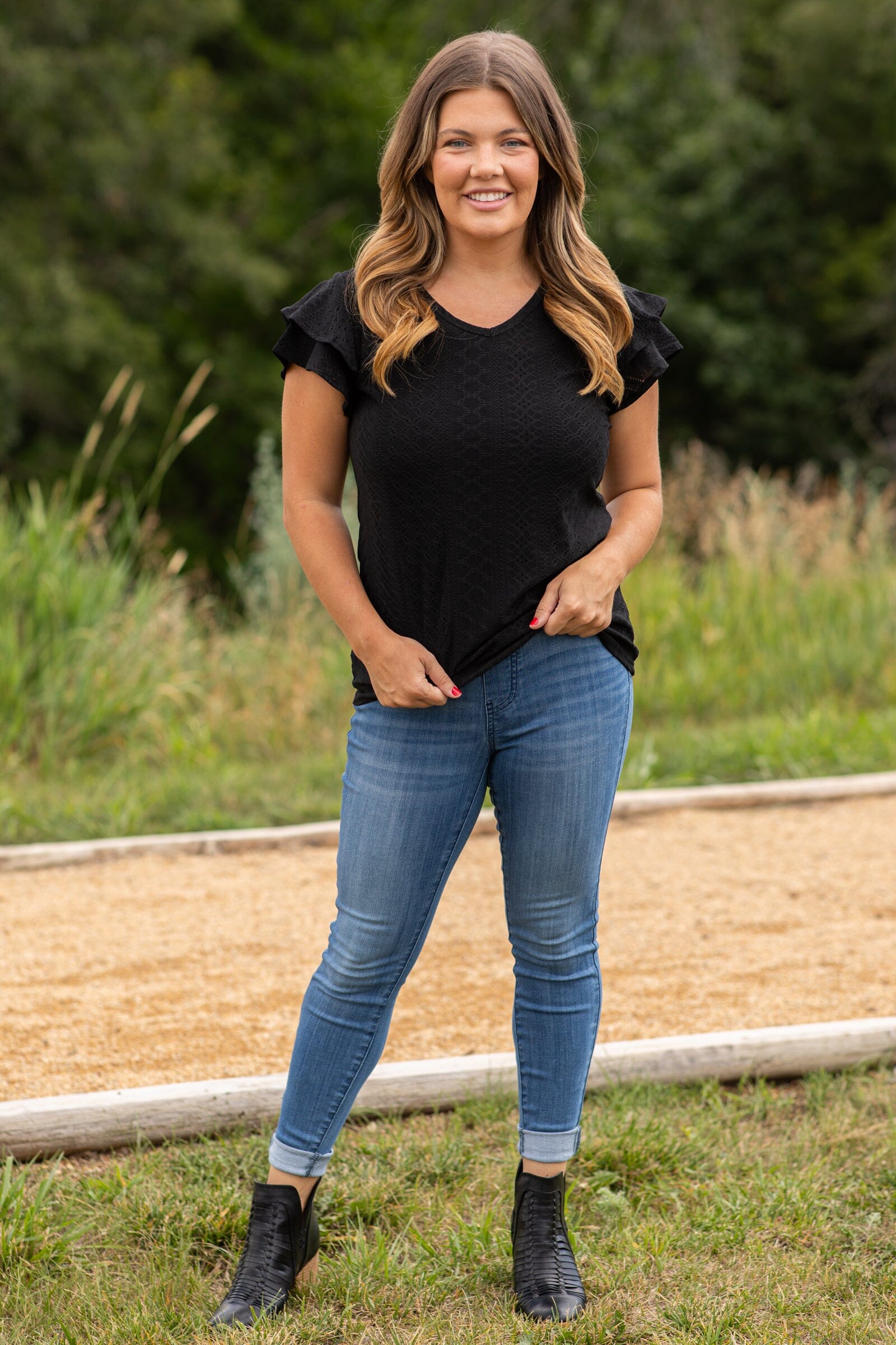 Black Eyelet Top With Flutter Sleeve - Filly Flair