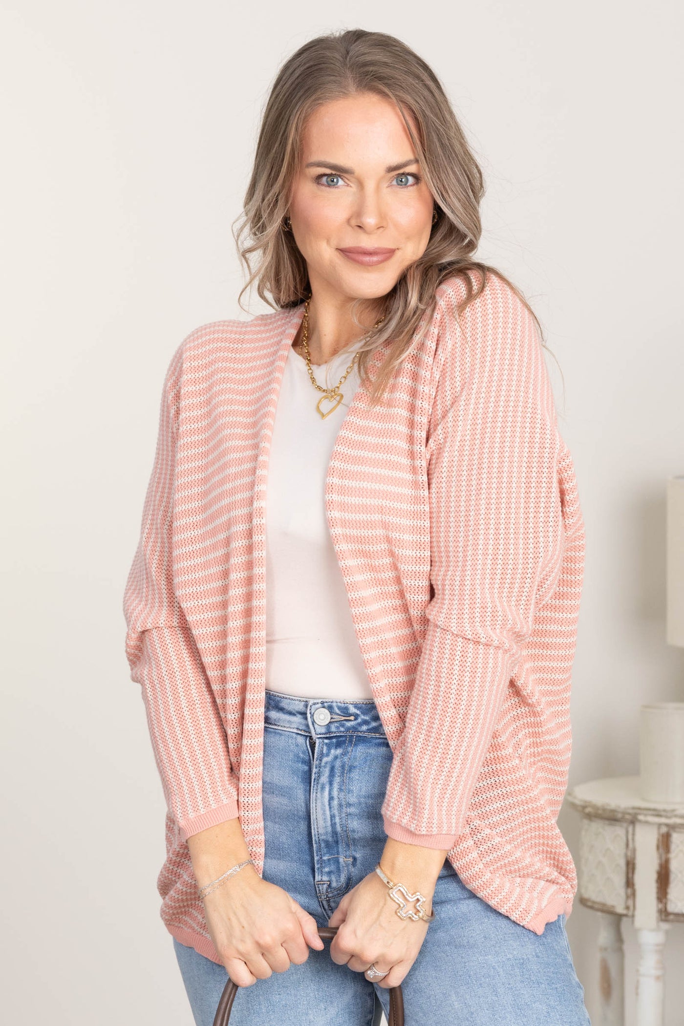 Coral Striped Dolman Sleeve Open Cardigan