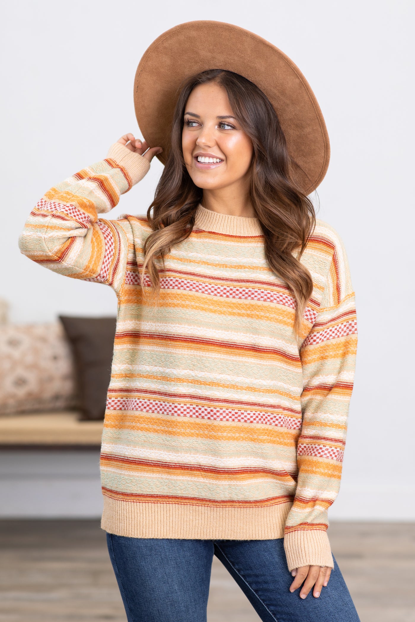 Tan Multicolor Stripe Drop Shoulder Sweater