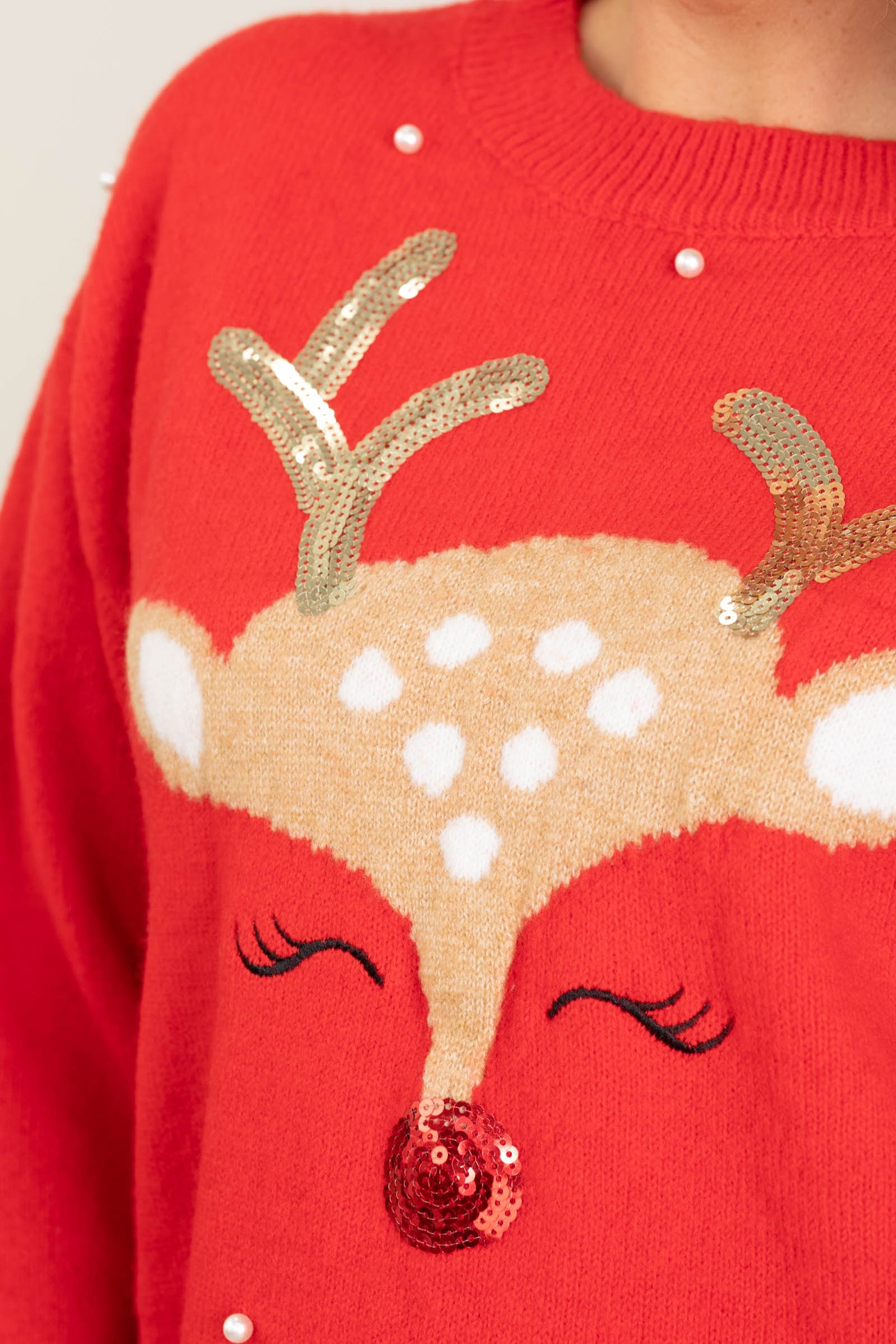 Red Sequin And Pearl Accent Reindeer Sweater