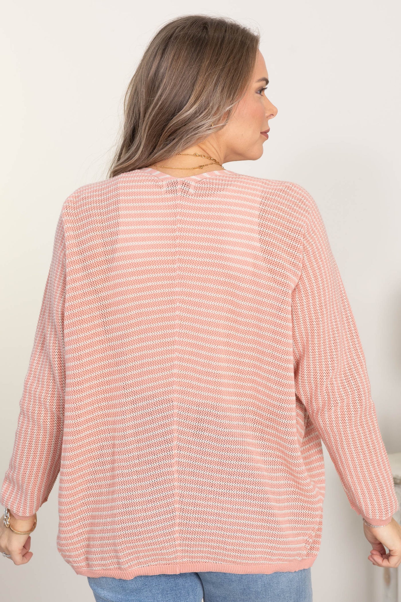 Coral Striped Dolman Sleeve Open Cardigan