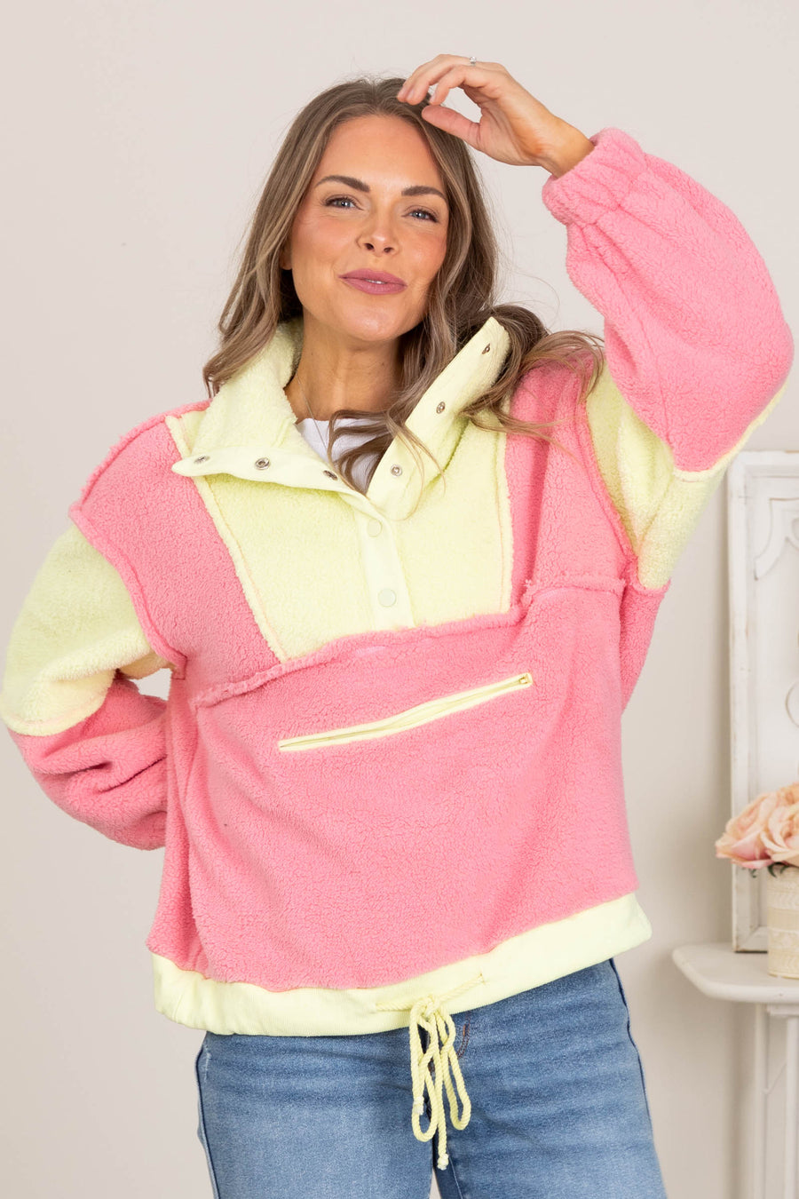 Neon Pink Fleece Zipper Front Pocket Sweatshirt