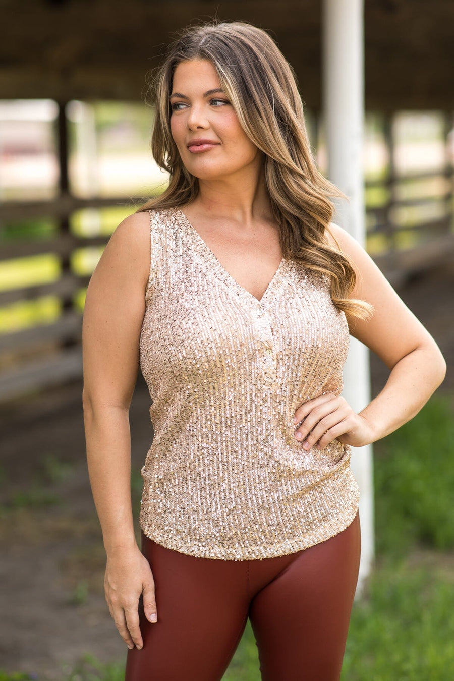 Tan Sequin Tank With Button Detail - Filly Flair