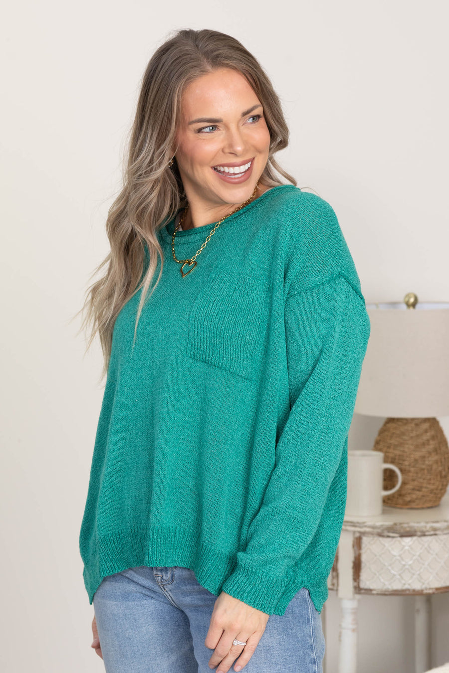 Teal Round Neck Sweater Top With Pocket