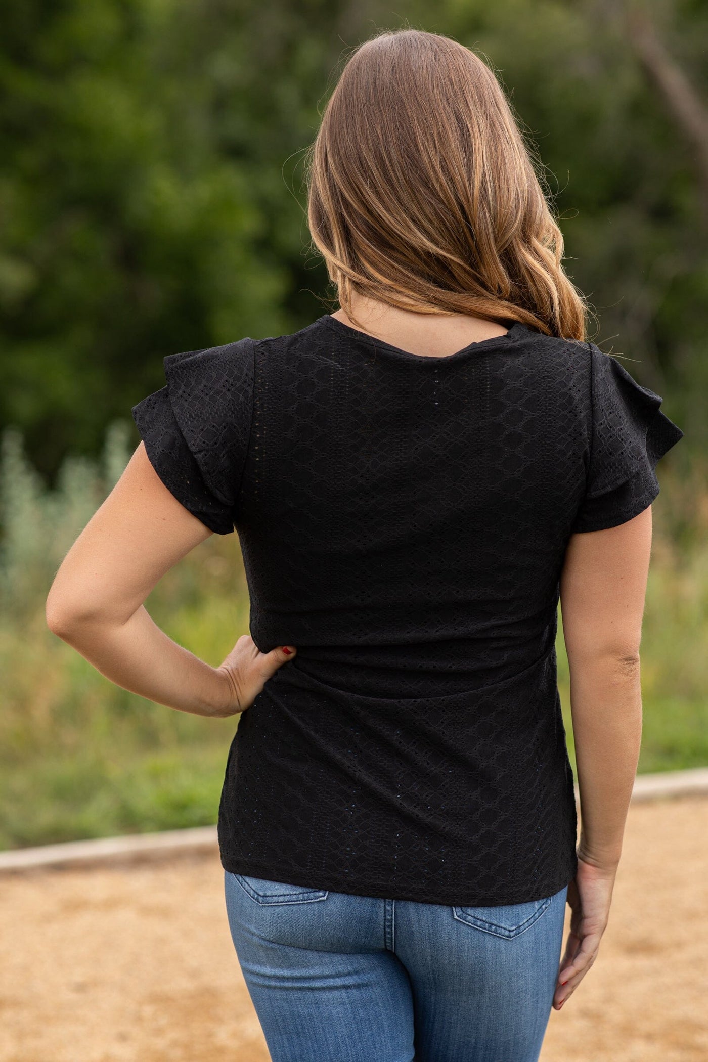 Black Eyelet Top With Flutter Sleeve - Filly Flair