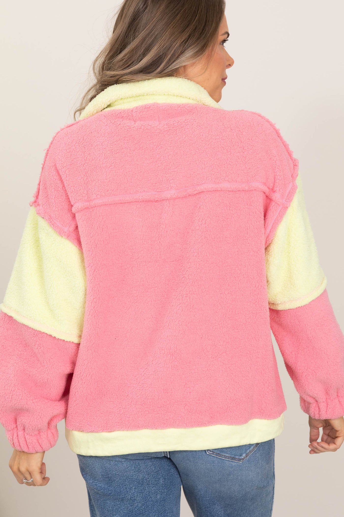 Neon Pink Fleece Zipper Front Pocket Sweatshirt