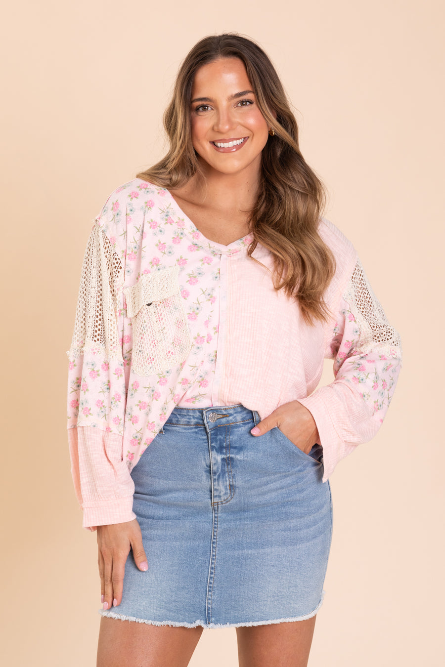 Baby Pink Contrast Floral V-Neck Knit Top