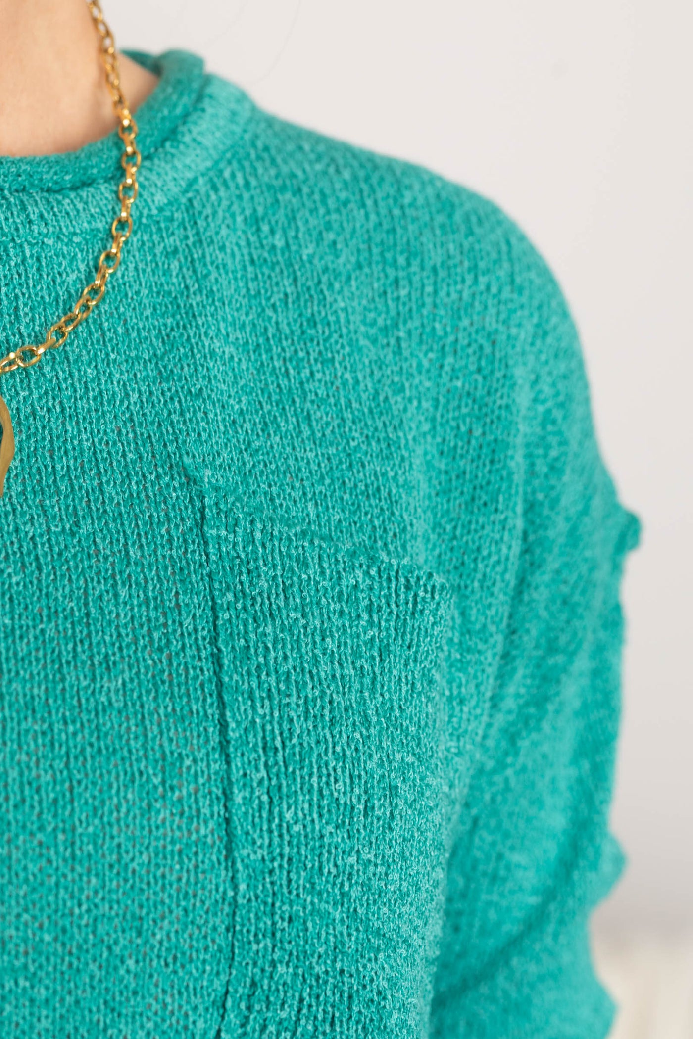 Teal Round Neck Sweater Top With Pocket