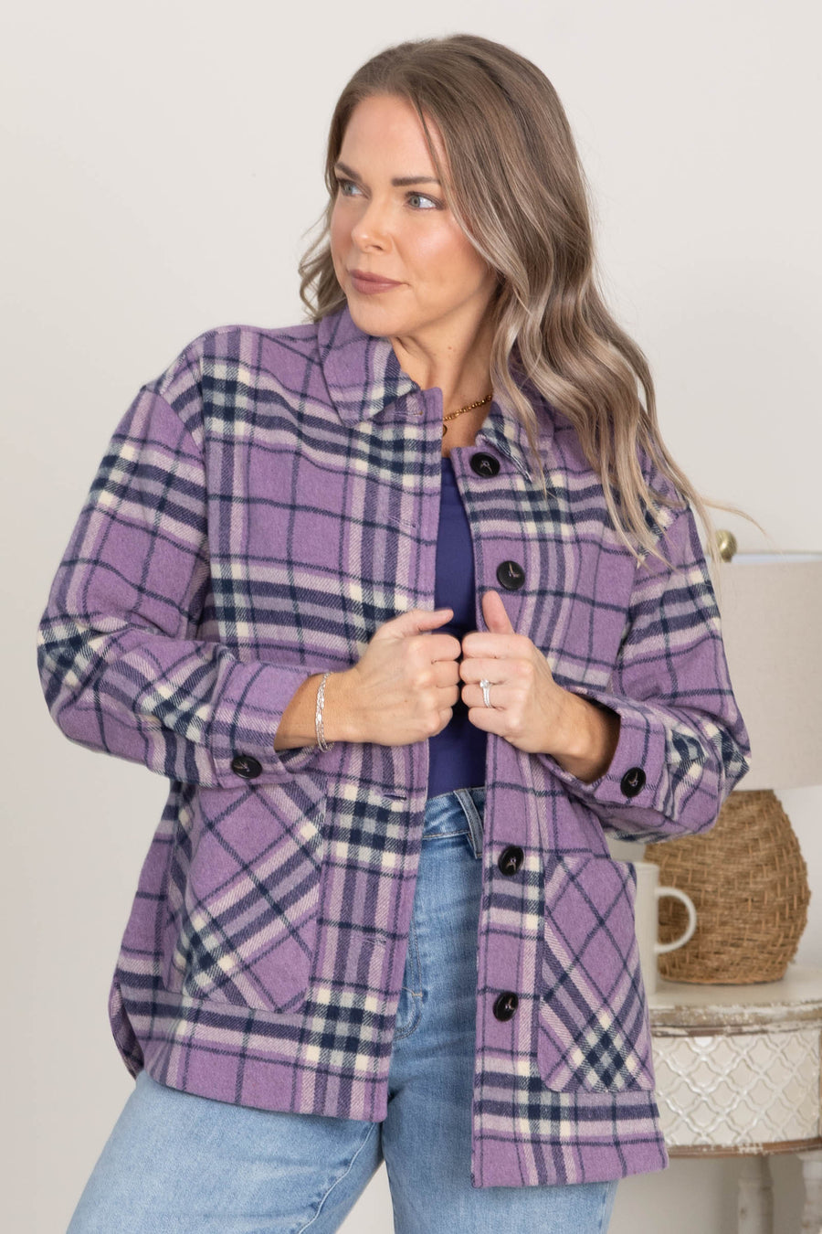 Lavender Plaid Shacket With Pockets