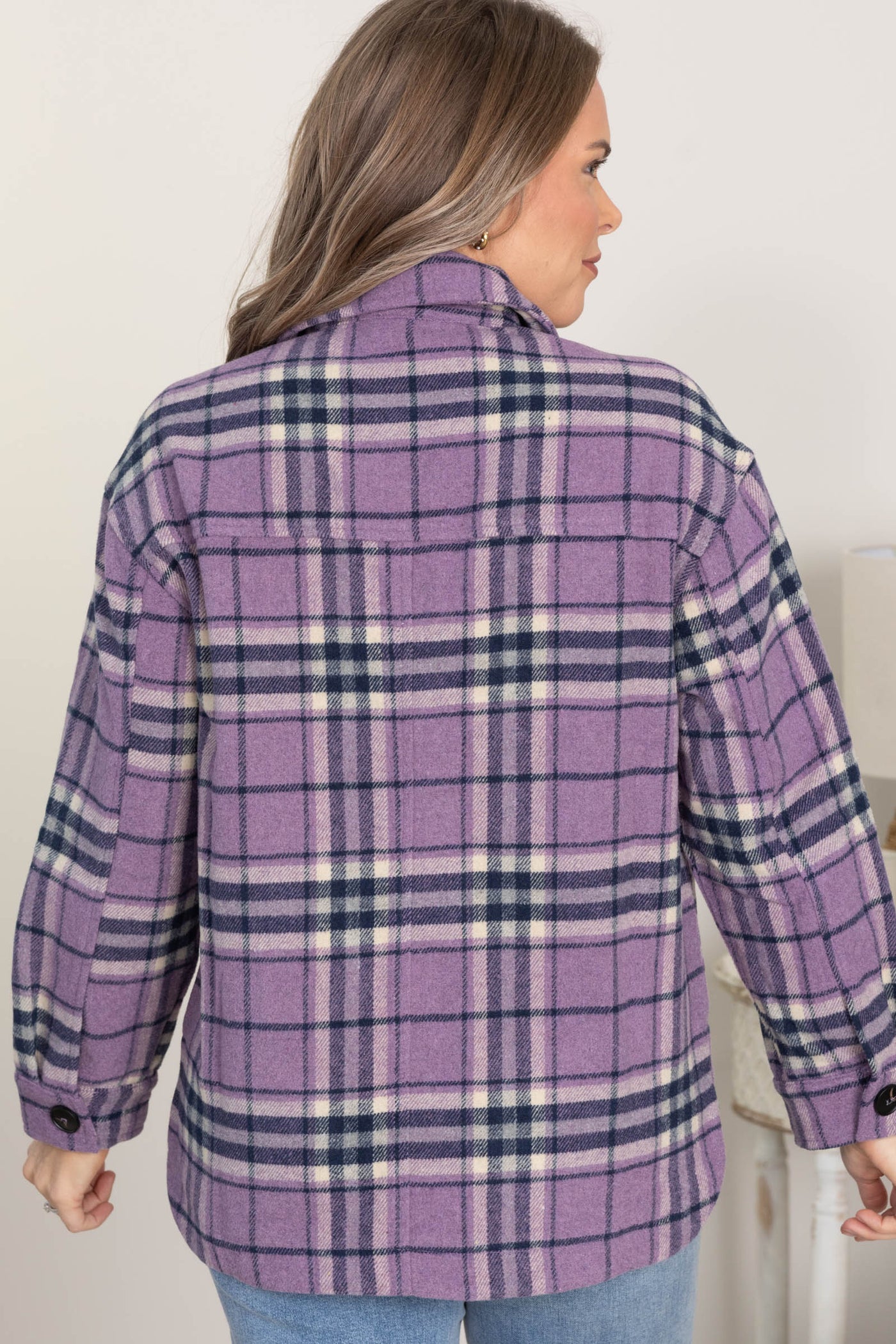Lavender Plaid Shacket With Pockets