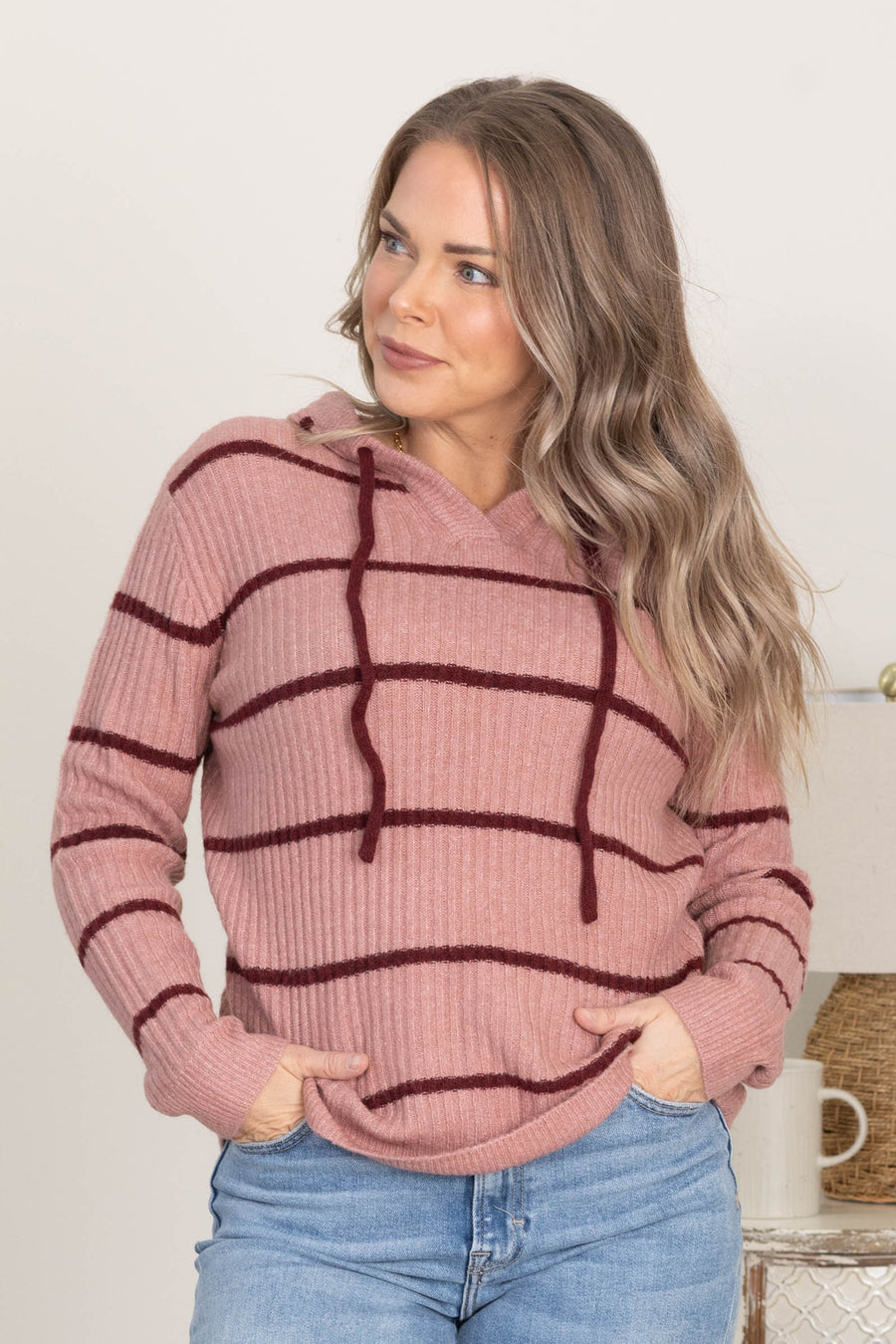 Burgundy Stripe Drawstring Hoodie Sweater