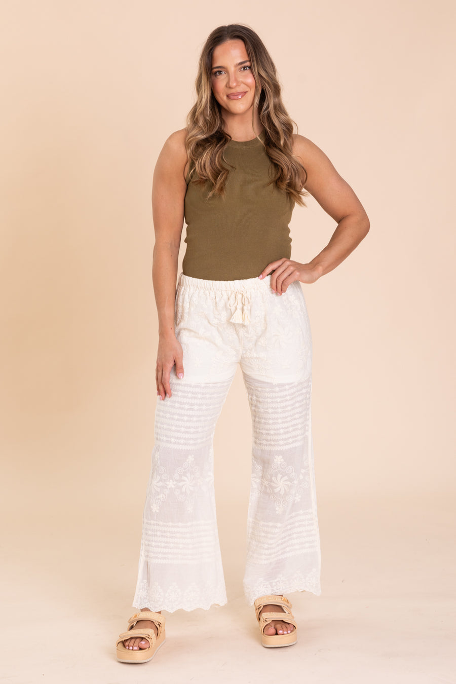 White Elastic Waistband Straight Crochet Pants