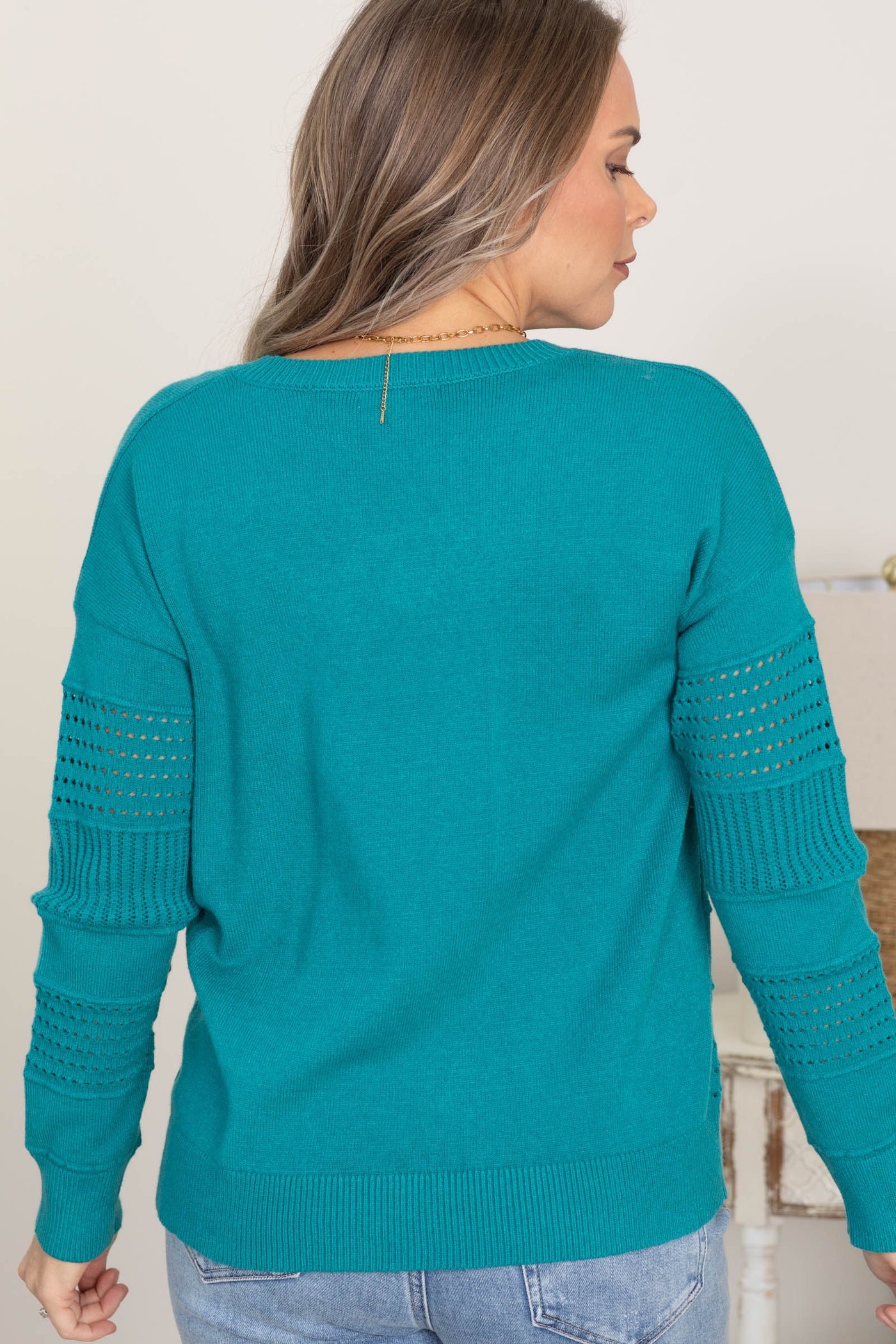 Teal Pointelle Striped Knit Sweater Top