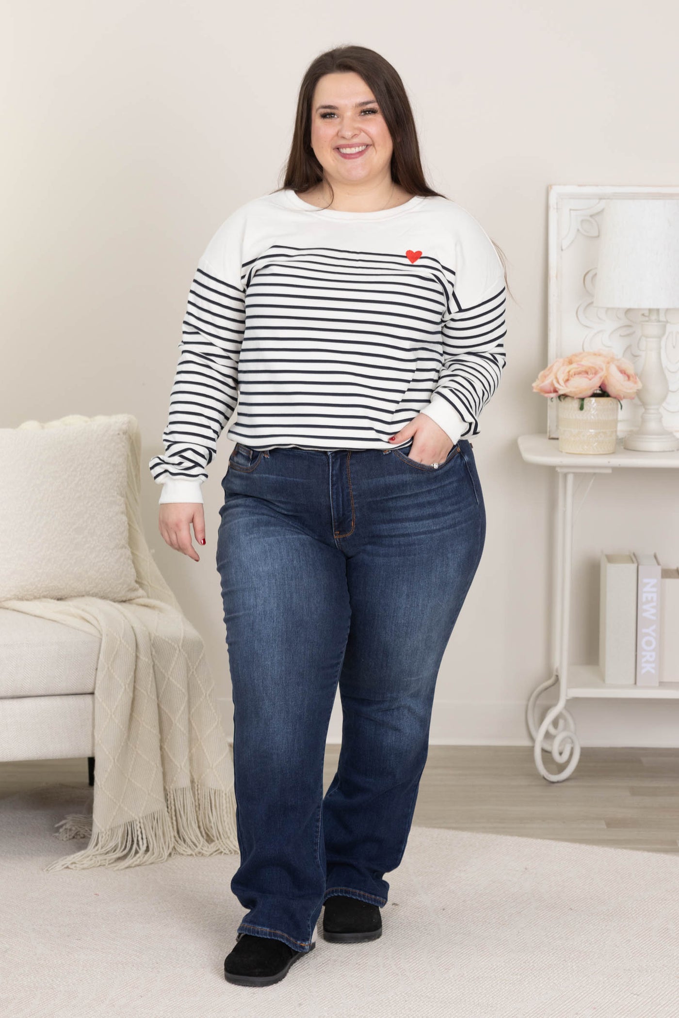 Stripe With Heart Embroidered Knit Sweater Top