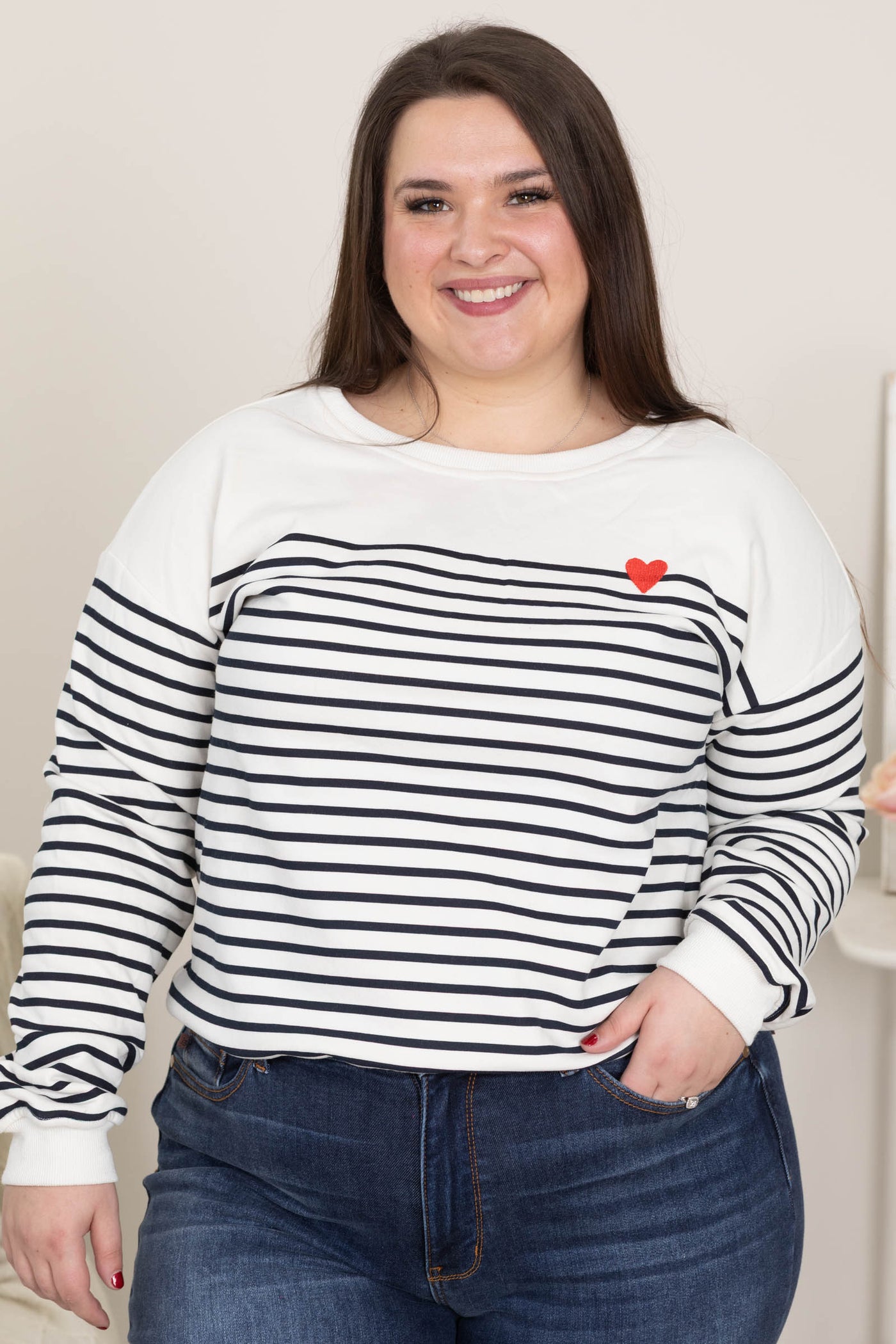 Stripe With Heart Embroidered Knit Sweater Top