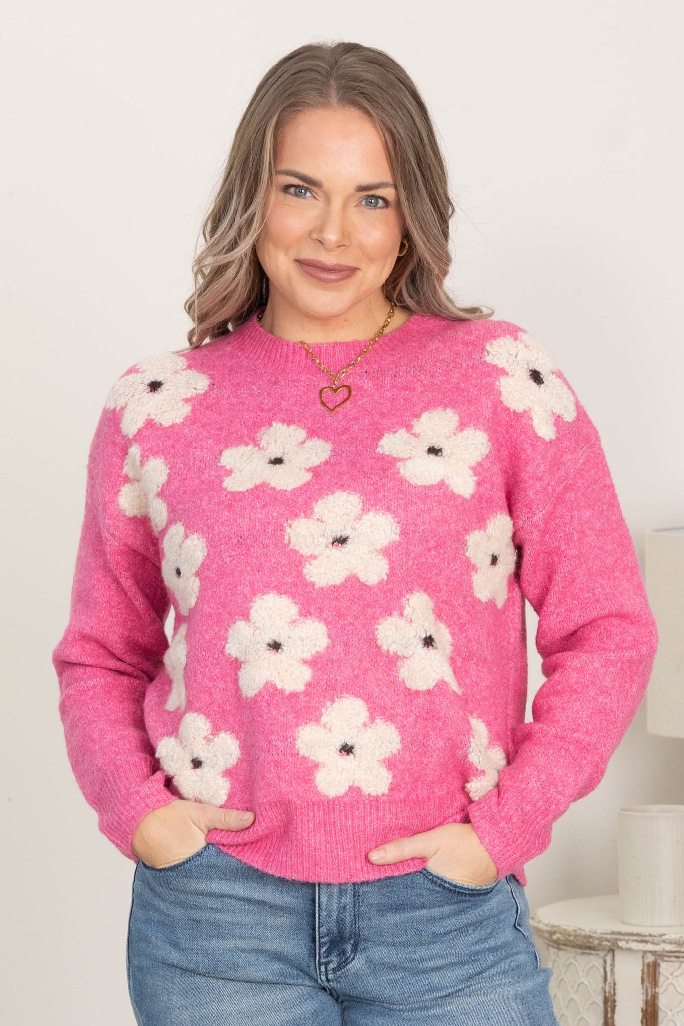 Flower Jacquard Crewneck Sweaters