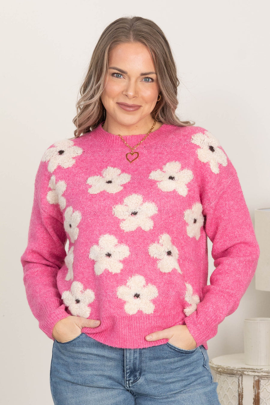 Flower Jacquard Crewneck Sweaters