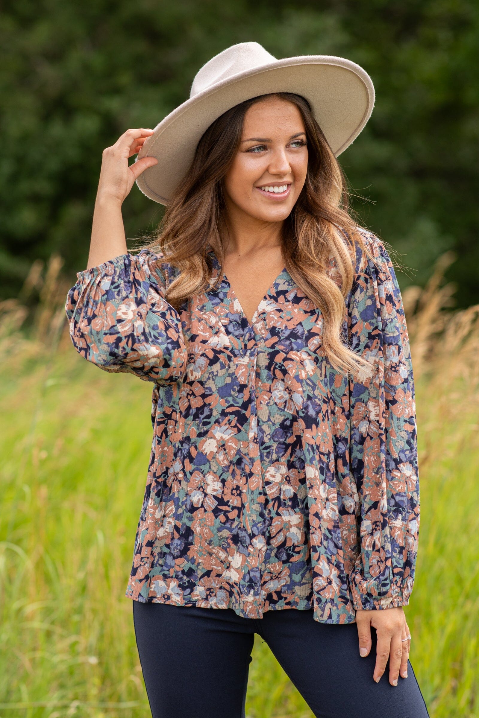 Chestnut and Navy Floral Print Long Sleeve Top - Filly Flair