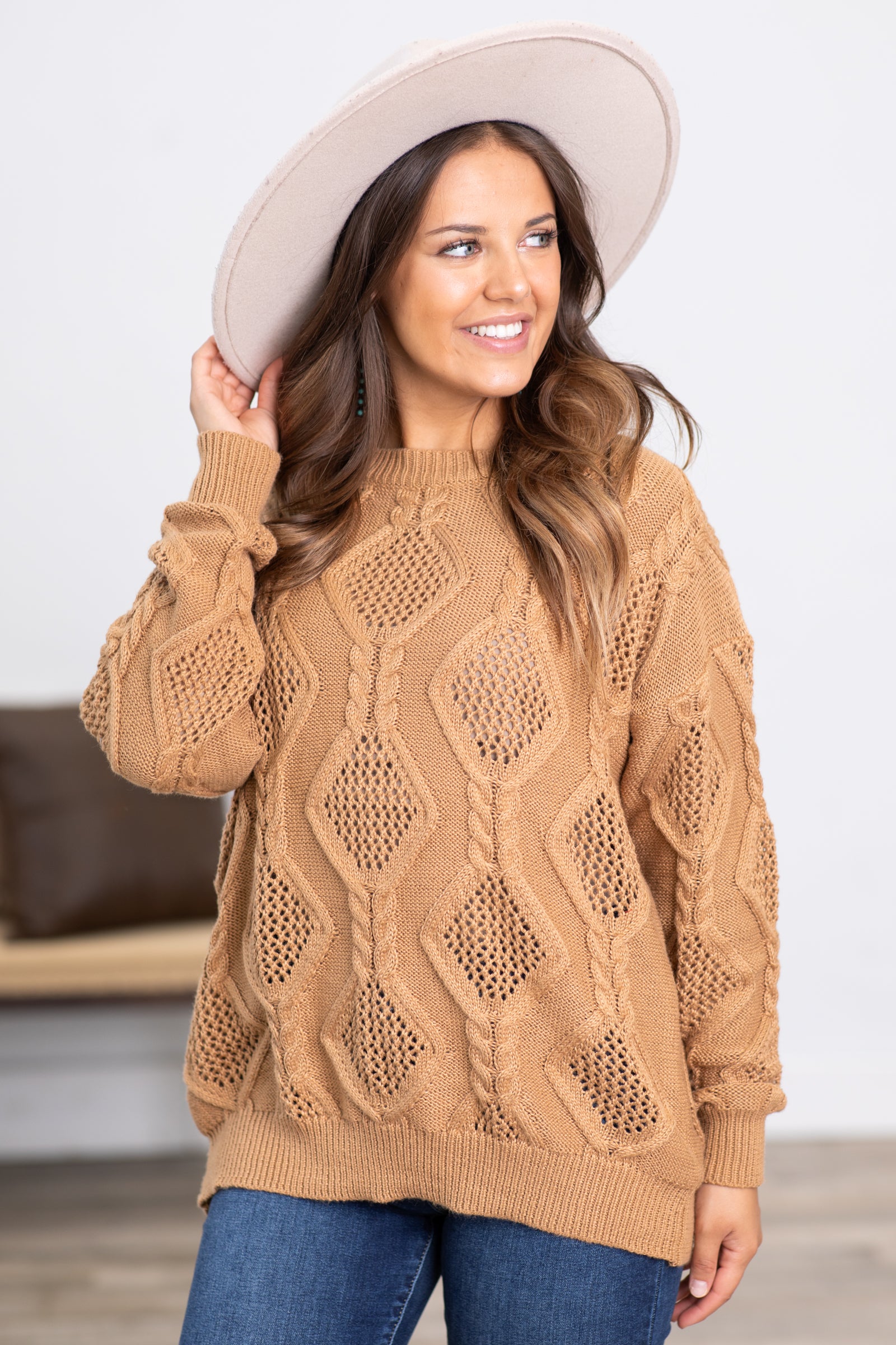 Mocha Cable Knit Textured Sweater