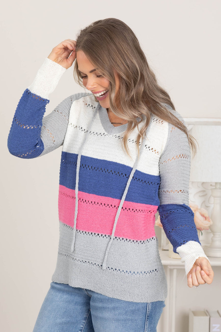 Grey and Pink Colorblock Stripe Hooded Sweater