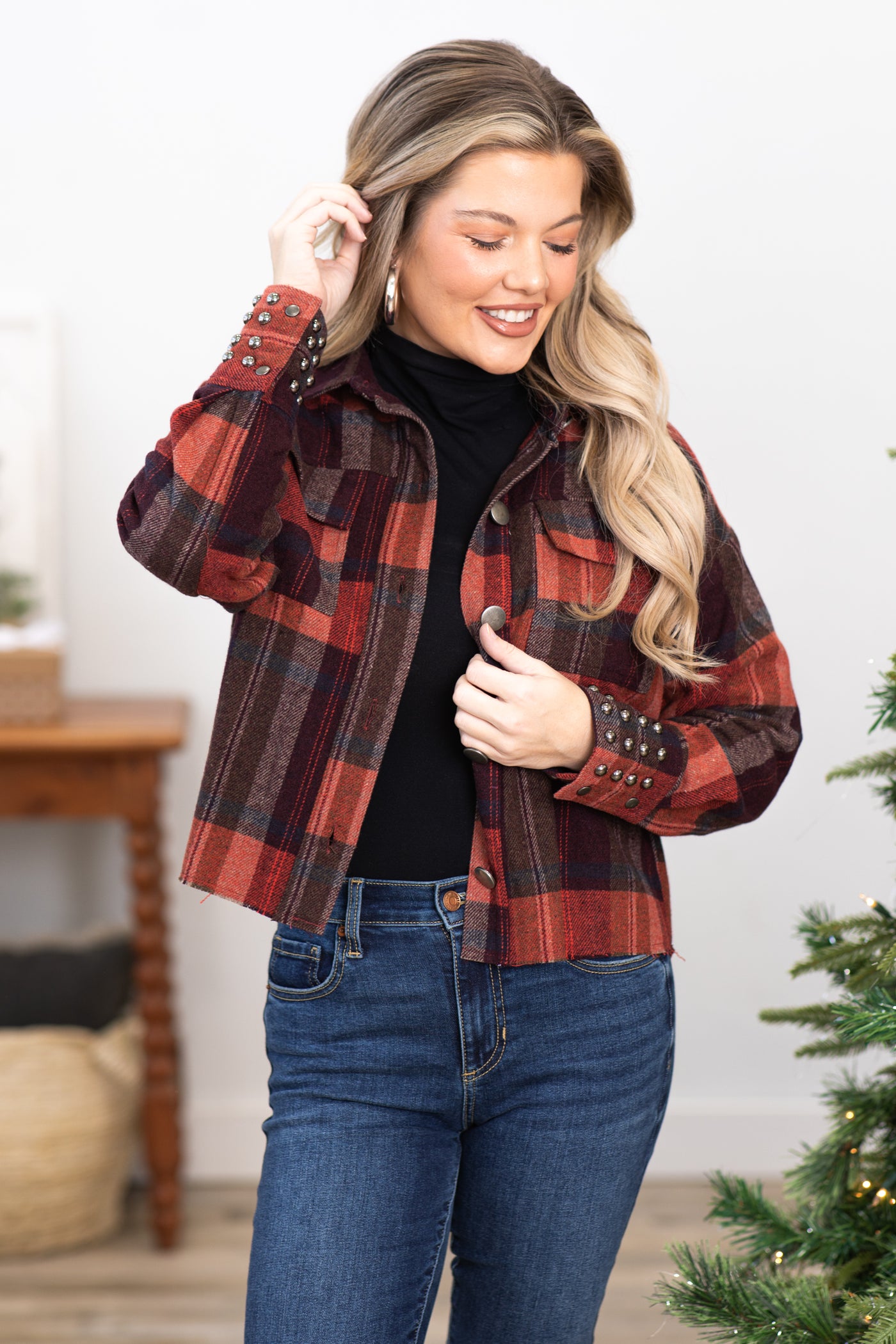 Wine Plaid Jacket With Stud Cuff Detail · Filly Flair