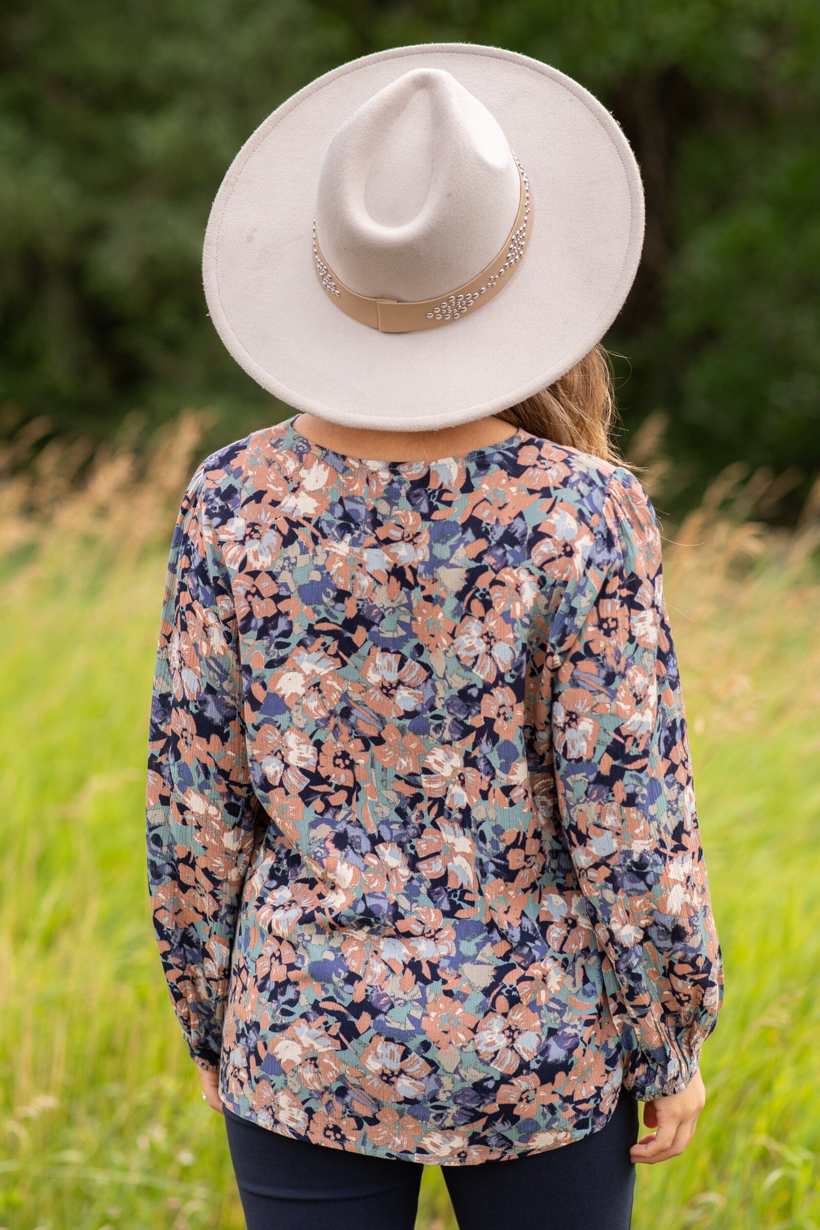 Chestnut and Navy Floral Print Long Sleeve Top - Filly Flair